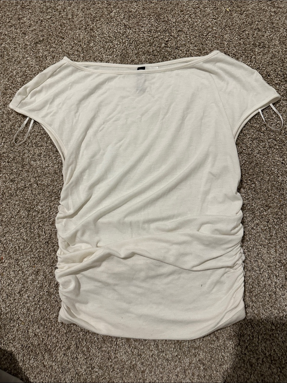 Divided White Boatneck Short Sleeve Top with Side Ruching